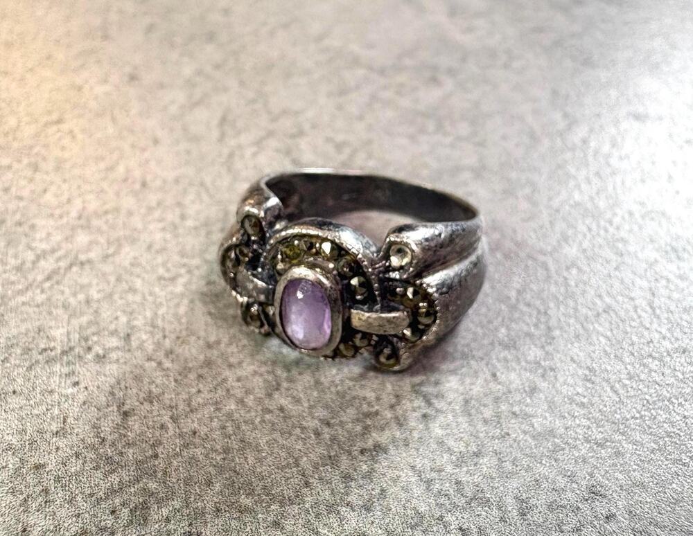Vintage Sterling Silver Natural Amethyst Ring Marcasite Size 6.5 Signed 925 Band